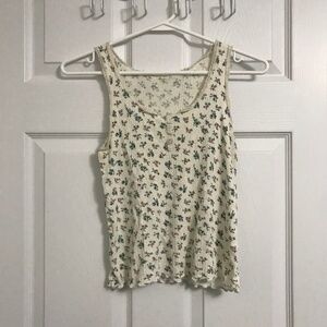 Flower Camisole Tank Top S White With 1/4 Buttons Sleeveless